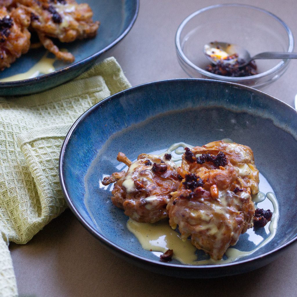 kimchi fritters with miso hollandaise and rayu