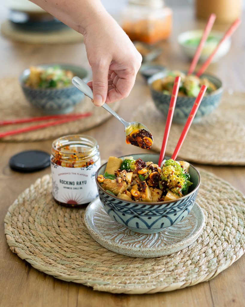 broccoli tofu almond rice bowls rayu