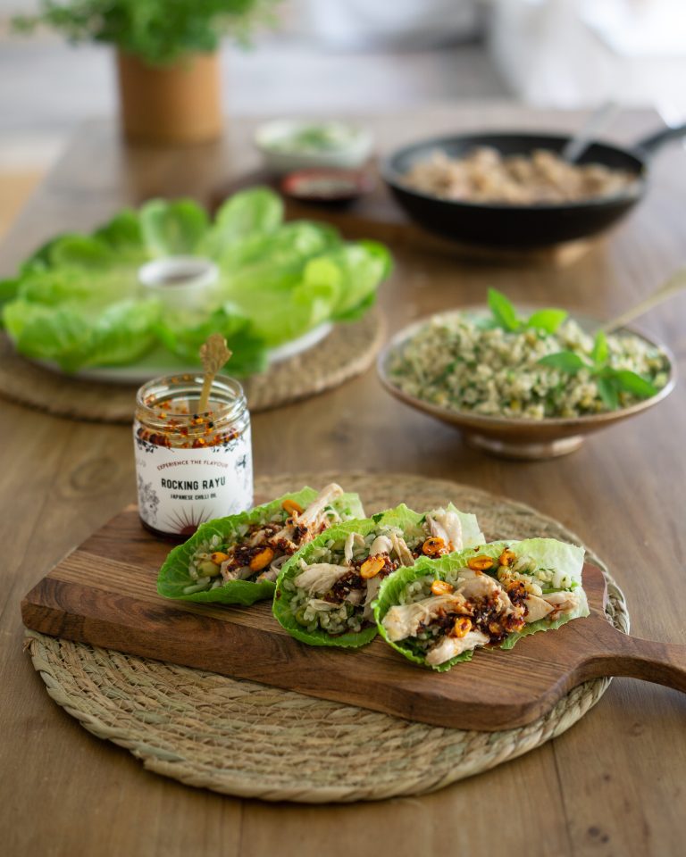 Spicy chicken, pineapple and Thai basil lettuce cups