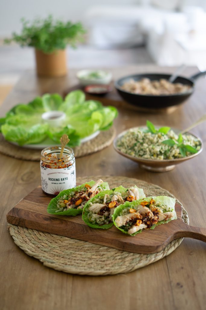 Spicy chicken, pineapple and Thai basil lettuce cups long