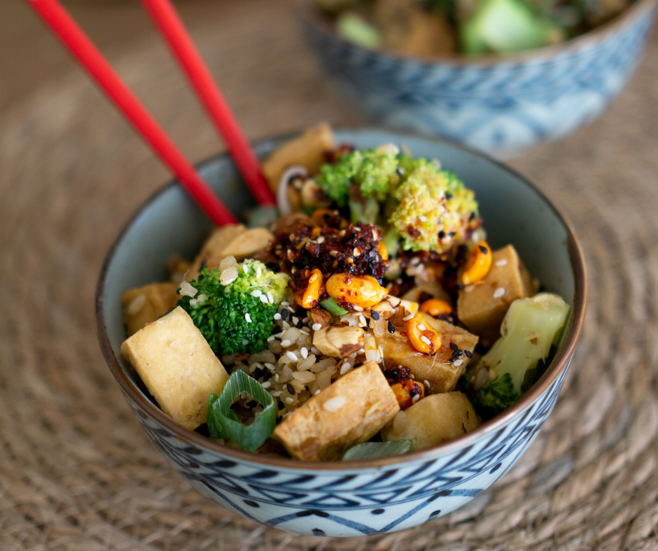 warm broccoli and tofu rice bowl